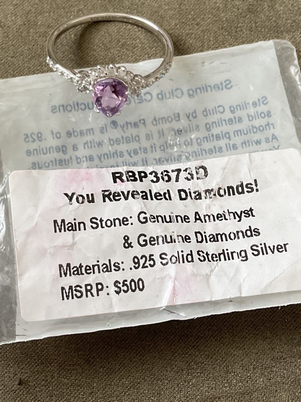 Rbp genuine diamond and amethyst ring size 10 .925 sterling silver